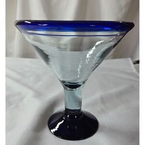 Hand Blown Mexican Cobalt Blue Rim & Base Margarita Martini Glass X-Large 24oz